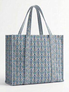 Floral Block Printed Tote Bag, Cotton Quilted Travel Bag, Eco Friendly Tote Bag